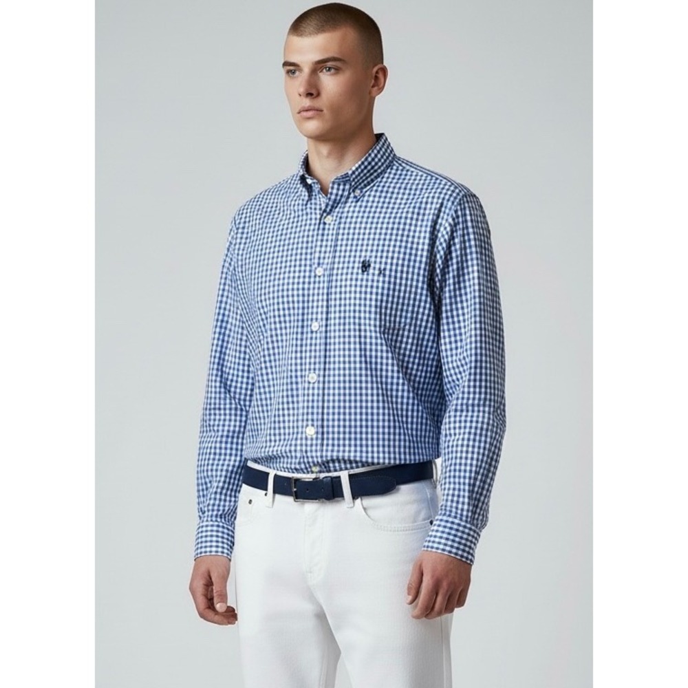 Chaps Ralph Lauren Mens Large Blue White Gingham Easy Care Button Down Shirt